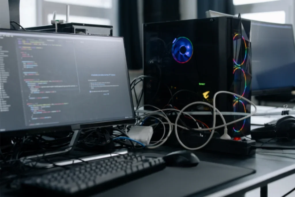 Um computador gamer ligado.