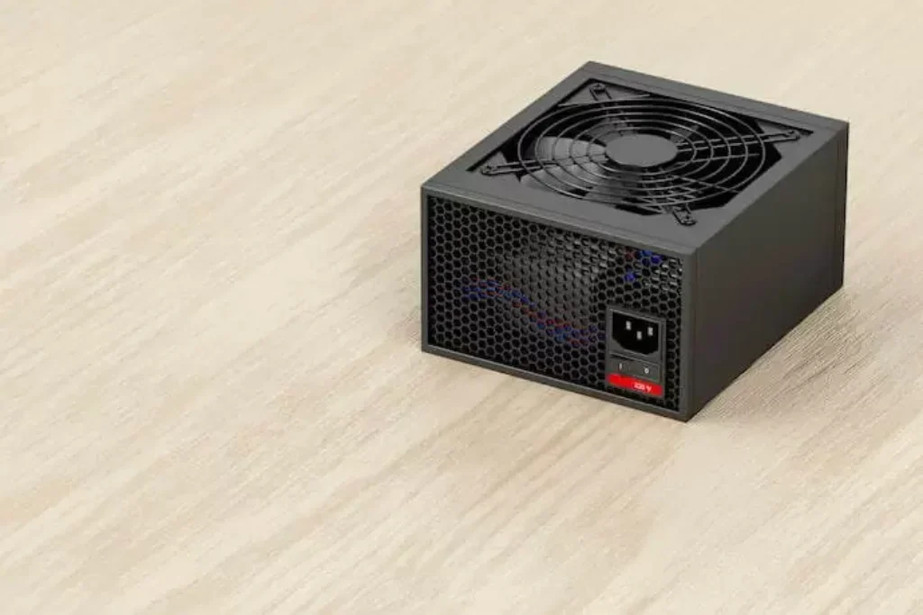 Uma fonte de PC em cima de uma mesa.