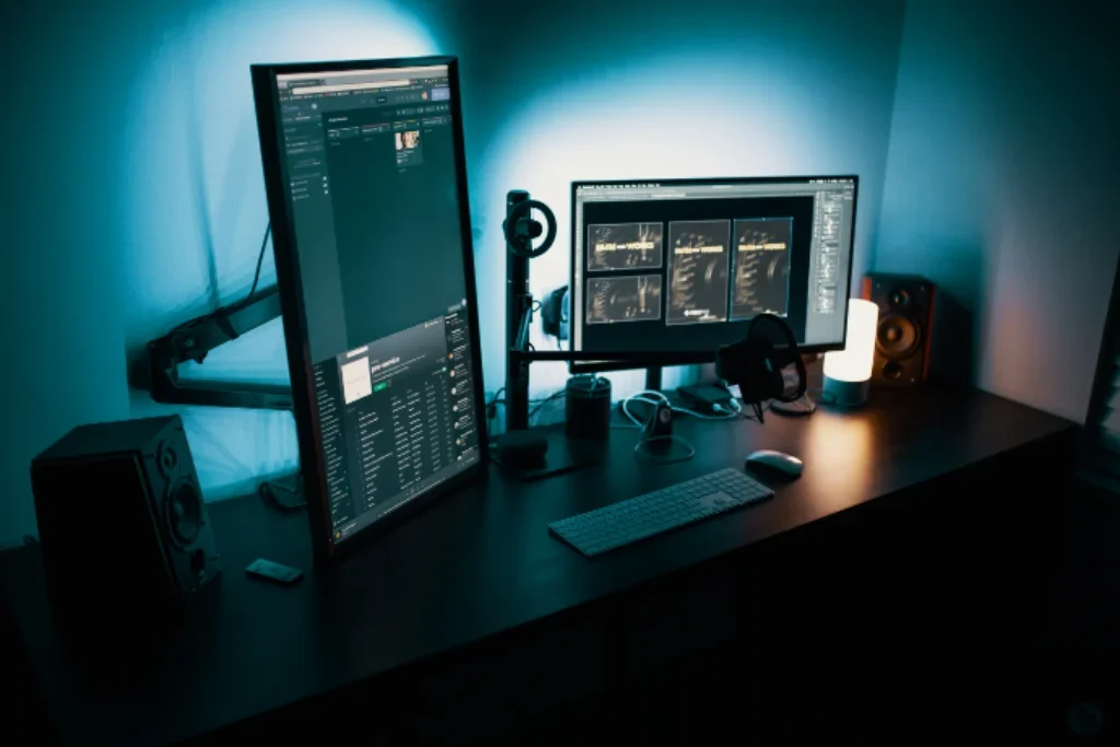 Uma mesa de escritório com dois monitores.