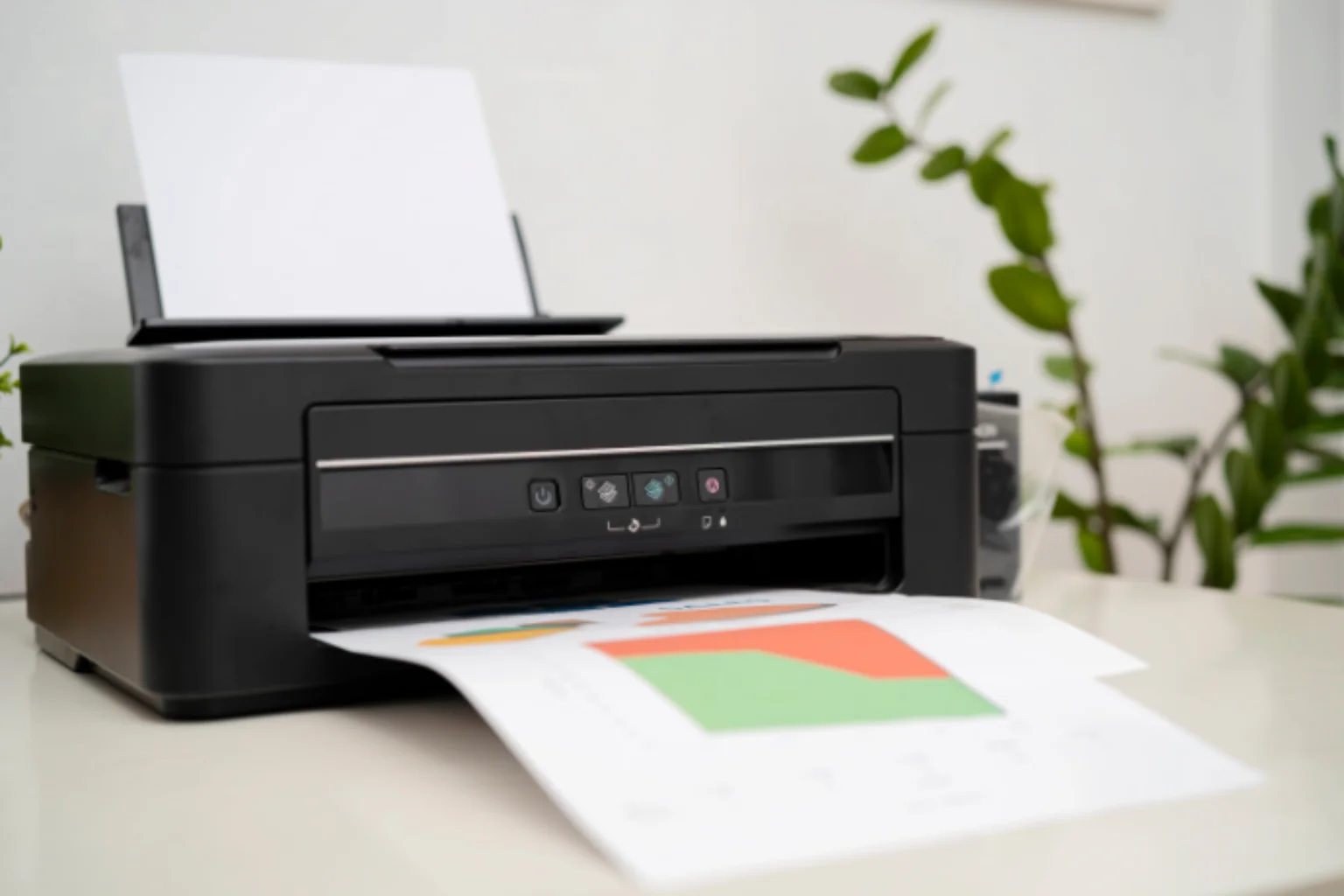 Impressora HP preta sobre uma mesa branca.