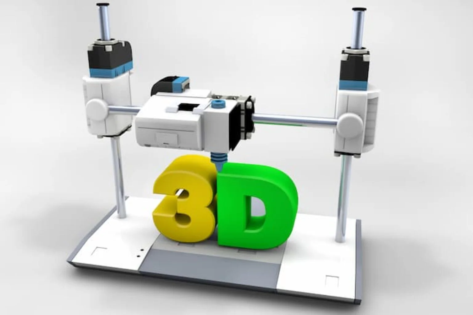 Impressora 3D imprimindo um objeto amarelo e um objeto verde.